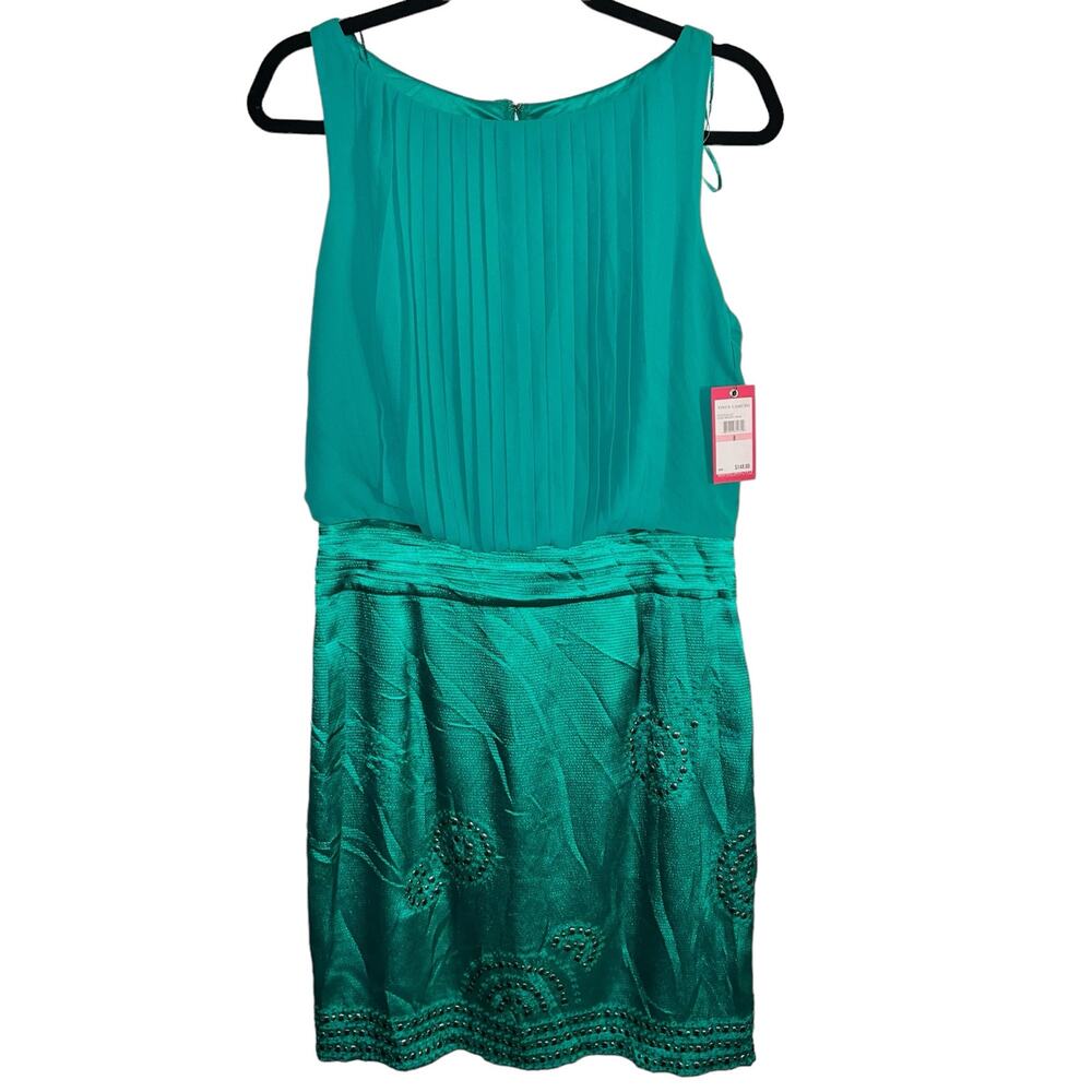 NWT Vince Camuto Pleated Embellished Sheath Dress Deep Green Size 8